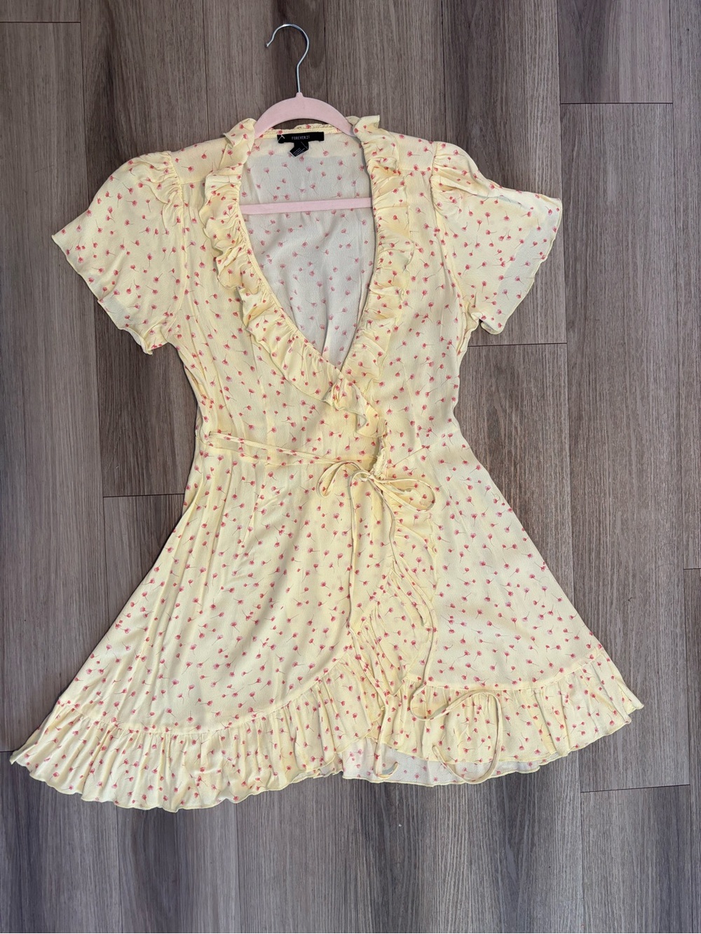 Forever 21 Yellow Floral Wrap Mini Dress with Ruffle Trim and Tie Waist